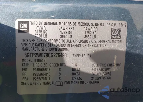 2012 GMC Sierra 1500 Slt from USA, damaged, VIN 3GTP2WE79CG276498